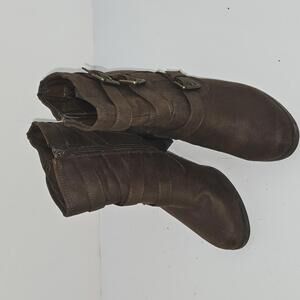 0112 JustFab Binnae High Heeled Bootie Brown Suede‎ Multi-Straps W/Buckles Sz 10